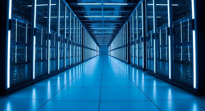 Data center server room interior with blue lighting and reflective floor