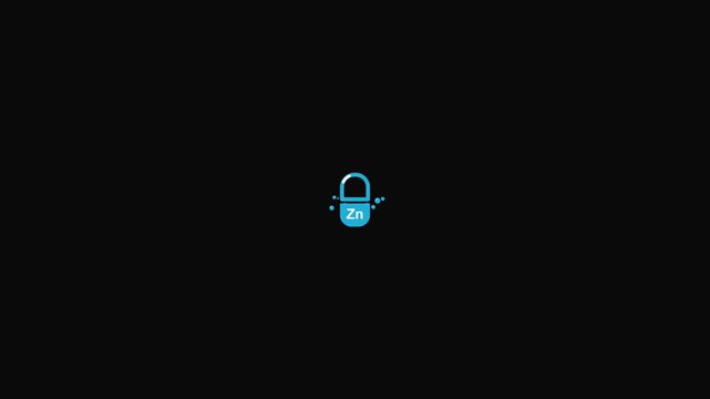 Minimalist healthcare animation loop featuring a blue zinc mineral capsule icon emitting glowing chemical particles on a dark backdrop. Perfect for nutrition and pharmacy slides