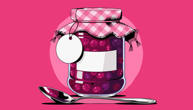 A stylized jar of raspberry and blueberry jam with a blank label and silver spoon on a pink background.eps