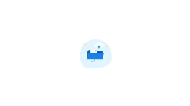Minimalist technology animation loop featuring a blue folder uploading document files to a cloud icon with a green checkmark on a white backdrop. Ideal for data presentation slides