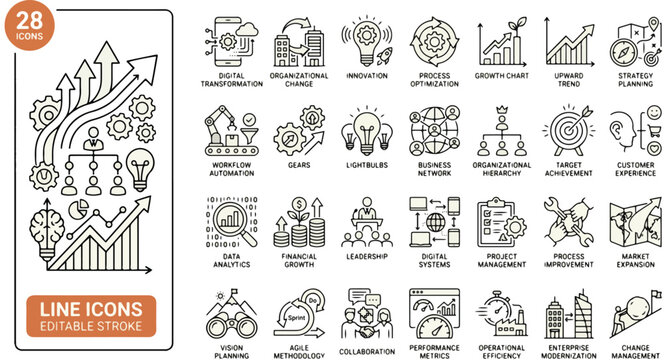 premium Business Transformation line icon set featuring 28 editable vector icons arranged in a clean, structured grid layout on an off-white or pure white background