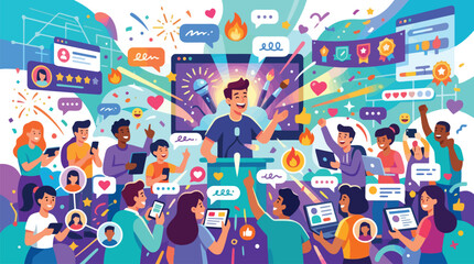 Fototapeta premium Vibrant digital content creator illustration, social media influencer streaming to audience, viral marketing and online community engagement vector