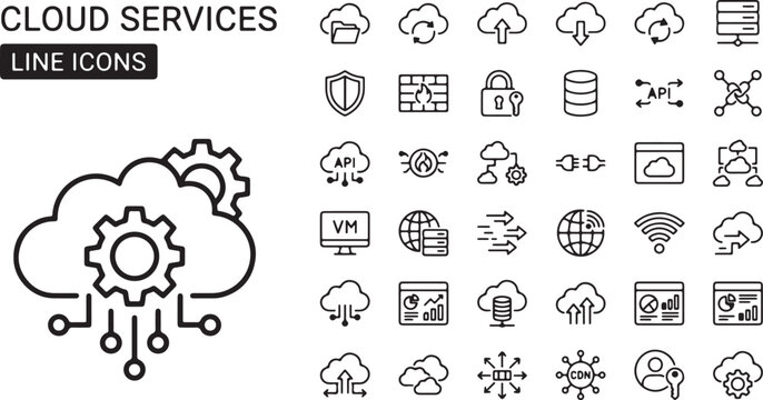 premium Cloud Services Line Icon Set featuring 28 distinct minimalist editable vector icons arranged in a clean