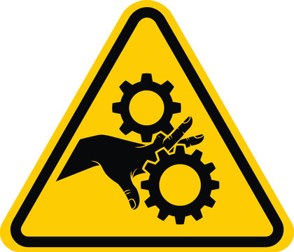 Industrial safety warning sign hand entrapment hazard with rotating gears illustration