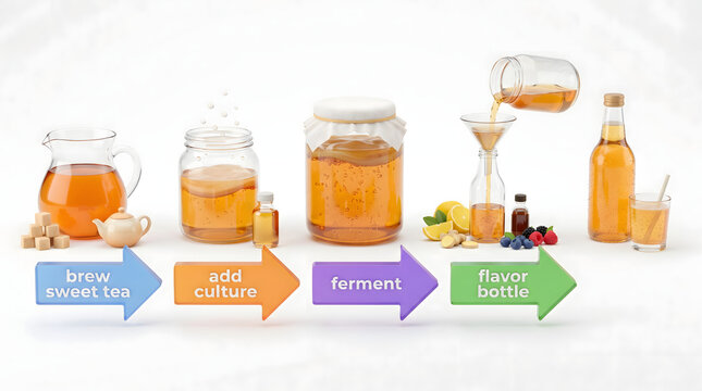 Educational 3d infographic showing the step by step process of making homemade kombucha tea with colorful arrows and ingredients isolated on a clean white background