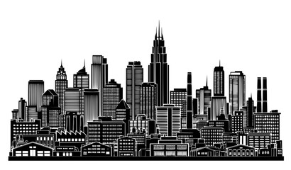 Black and white city skyline with skyscrapers and industrial buildings vector illustration © MD