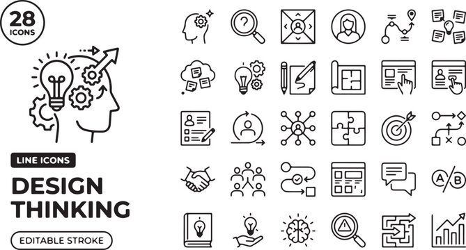 premium Design Thinking line icon set featuring 28 editable vector icons arranged in a clean, structured grid layout on a pure white background