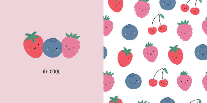 Seamless pattern with cartoon berries. Cute poster with strawberries, raspberries, blueberries. Vector illustration