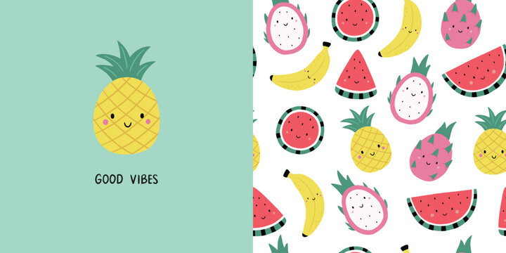 Seamless pattern with cute fruits. Tropical kawaii fruits: pineapple, watermelon, pitahaya, banana. Funny poster. Vector illustration