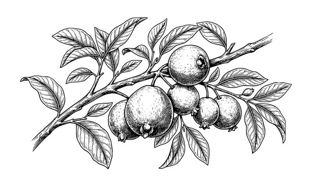 Guava Tree Branch Vintage Engraving Vector Illustration with Ripe Tropical Fruits Isolated on White Background