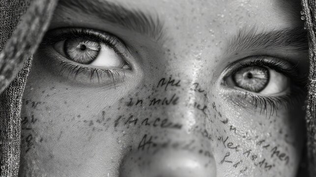 Close-up of a woman's eyes with abstract inscriptions in the pupils, mysterious artistic concept, surreal creative iris design, futuristic and detailed macro focus