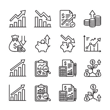 Financial growth and decline icons with charts and money symbols in a clean line style