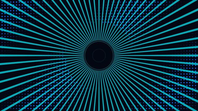 Vibrant pop art background loop featuring a pulsing cyan sunburst of radial comic rays decorated with a blue halftone dot pattern. Ideal for retro gaming intros and modern promo slides