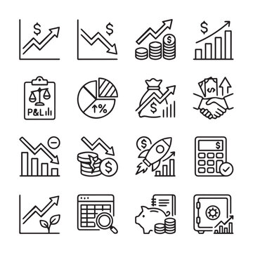 Financial growth icons in a clean line style on a white background representing business success and investment