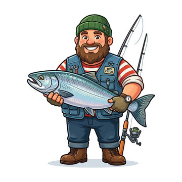 Happy Fisherman Holding Large Salmon Fish Cartoon Vector Illustration Isolated on White Background