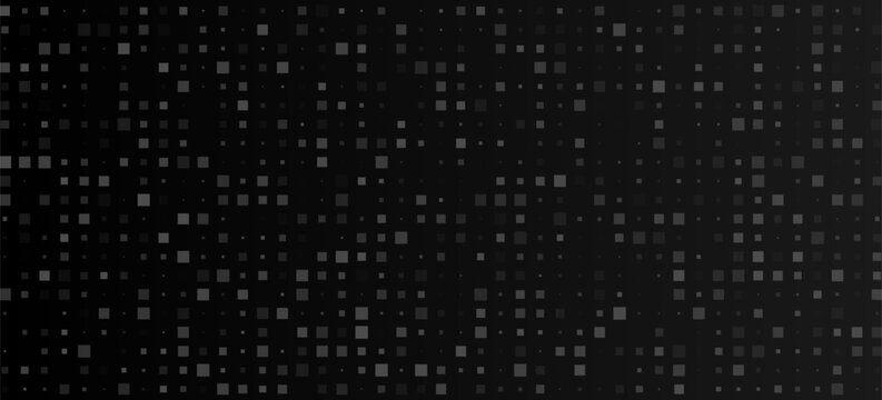 Dark futuristic square particles floating in a digital space, scattered pixel blocks, subtle glow effect, modern technology background, black and charcoal palette.