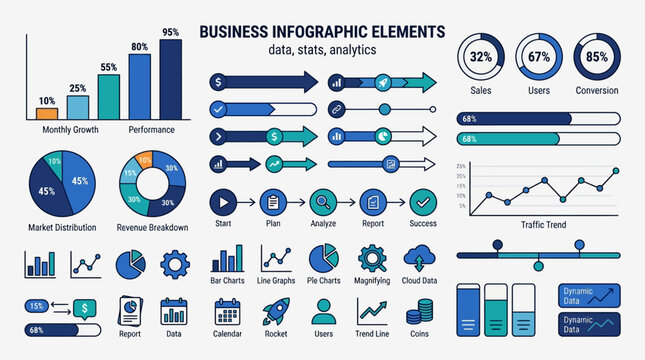 Business and finance icon set vector illustration for web and mobile design featuring symbols of charts data graph network technology and responsive interface blue theme