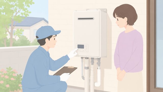 給湯器の点検をする作業員と立ち会う女性のほのぼのしたシンプルなイラスト