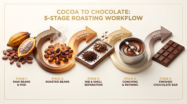 Five stage cocoa to chocolate roasting workflow infographic showing raw beans roasting nib separation conching and final bar production on a clean light background