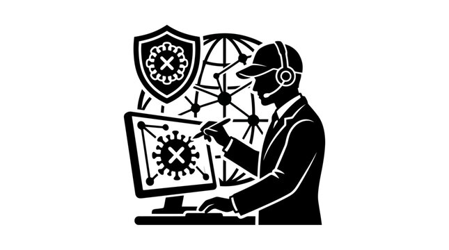 Man in headset working on computer with virus symbols and shield.