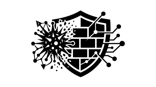Black shield with brick wall and virus.