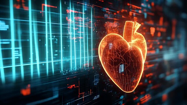 Futuristic digital heart hologram with glowing medical data interface, suitable for healthcare technology, cardiology, and AI diagnostics concepts.