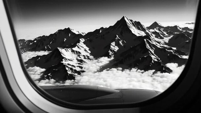 Black and white view of majestic mountain range from airplane window high above a sea of clouds