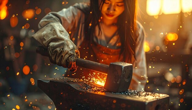 Female blacksmith forging hot metal on anvil with sparks.