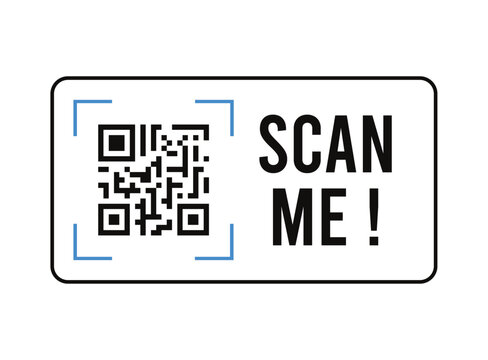 Scan Me QR Code Sticker with Blue Scan Frame. Horizontal QR Scanner Label Badge Vector