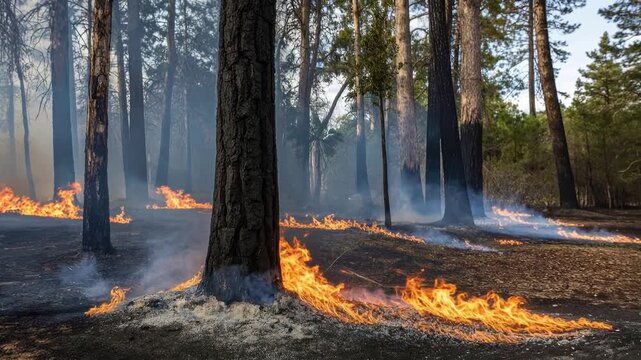 A forest fire burning low on the ground with smoke rising among tall trees.