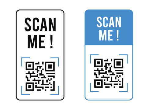 Scan Me QR Code Badge Set. Vertical QR Scanner Sticker Labels with Outline and Blue Filled Design Vector