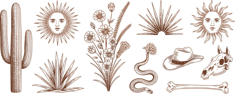 Western desert vector elements set featuring mystical sun faces cactus cowboy hat animal skull snake flowers and bonesWestern desert vector elements set featuring myst