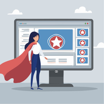 Superhero Woman Presenting Digital Content on Computer Screen
