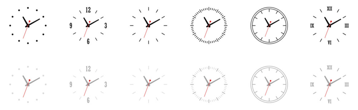 Clock collection featuring modern, analog, classic, roman numeral, timer, watch, schedule, alarm, deadline, and time management concept.