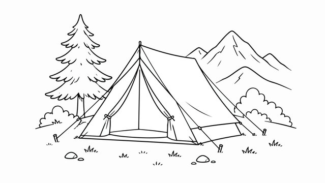 Hand drawn camping tent in mountain landscape, rustic outdoor adventure sketch, minimalist nature campsite vector illustration with pine tree