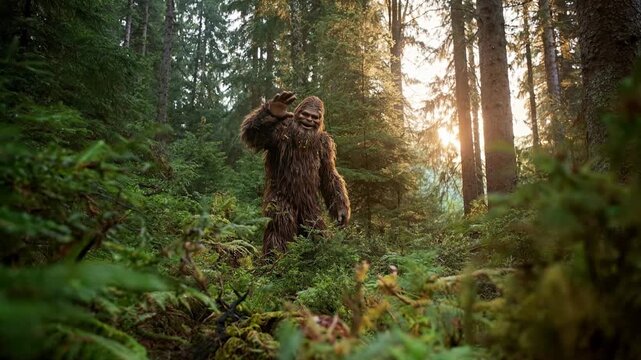 Mysterious Bigfoot creature waving hello in a lush, sun-dappled forest setting. A legendary Bigfoot figure emerges from dense foliage