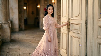 Naklejka premium Woman in pink dress standing by a large ornate door in a hallway