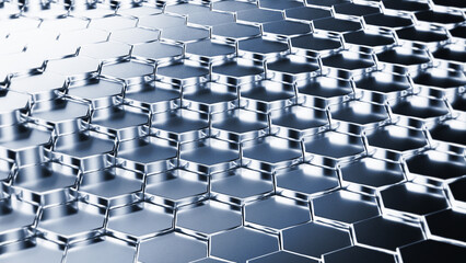 Fototapeta premium Metallic chrome hexagon grid surface in perspective view as a clean 3D render with transparent background, ideal for technology automotive or premium brand visuals