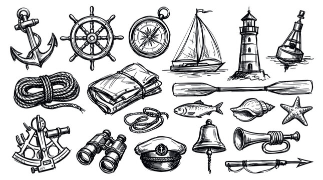 Various hand-drawn nautical elements are arranged on a clean white background, showcasing a collection of maritime-themed sketches