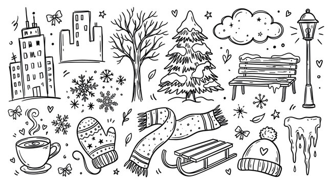Hand-drawn black and white winter elements including buildings, trees, snowflakes, and warm accessories on a clean white background