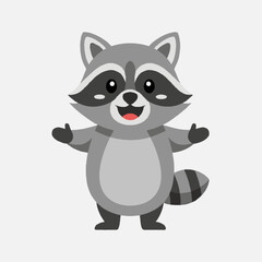 Fototapeta premium Cheerful gray cartoon raccoon character with black mask and rosy tongu