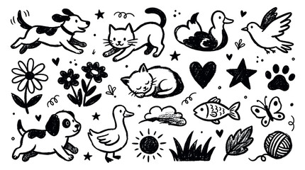 Obraz premium Adorable black and white hand-drawn cartoon animals and nature elements create a charming, playful doodle pattern on a clean white background