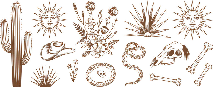 Western desert vector elements set featuring mystical sun faces cactus cowboy hat animal skull snake flowers and bones