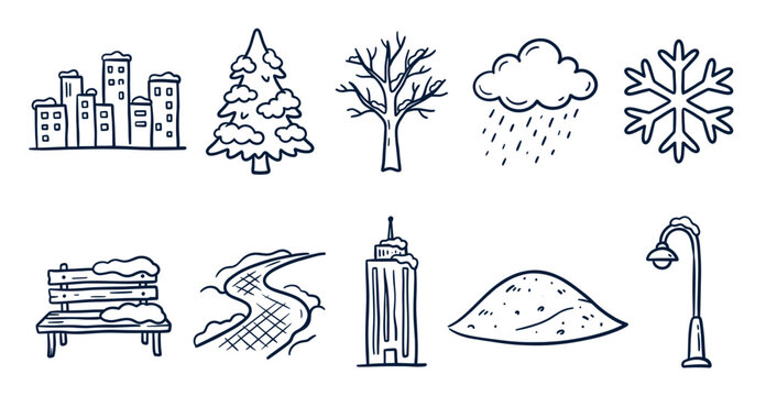 Collection of hand-drawn winter season elements, including buildings, trees, snow, and weather icons, presented in a simple doodle style on a white background