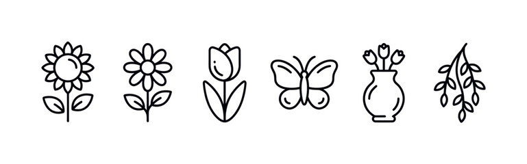 Fototapeta premium Collection of six simple black outline spring-themed icons, including various flowers, a butterfly, and a vase, on a clean white background