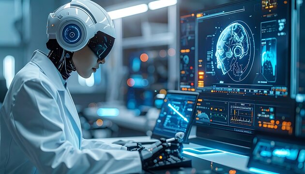 A scientist in a lab examines brain scans on a computer