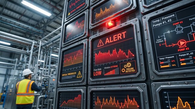 Industrial Automation Alert System displaying critical data on a factory control panel dashboard, illustrating operational risk and predictive maintenance needs.
