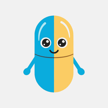 Friendly cartoon capsule character in blue and yellow hues with large 