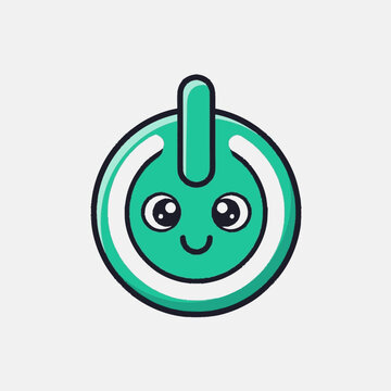 Cute green cartoon power button character with a happy face big eyes a