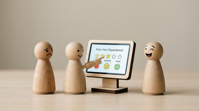 Customer experience survey feedback concept using wooden figures interacting with a digital rating screen to evaluate service satisfaction levels